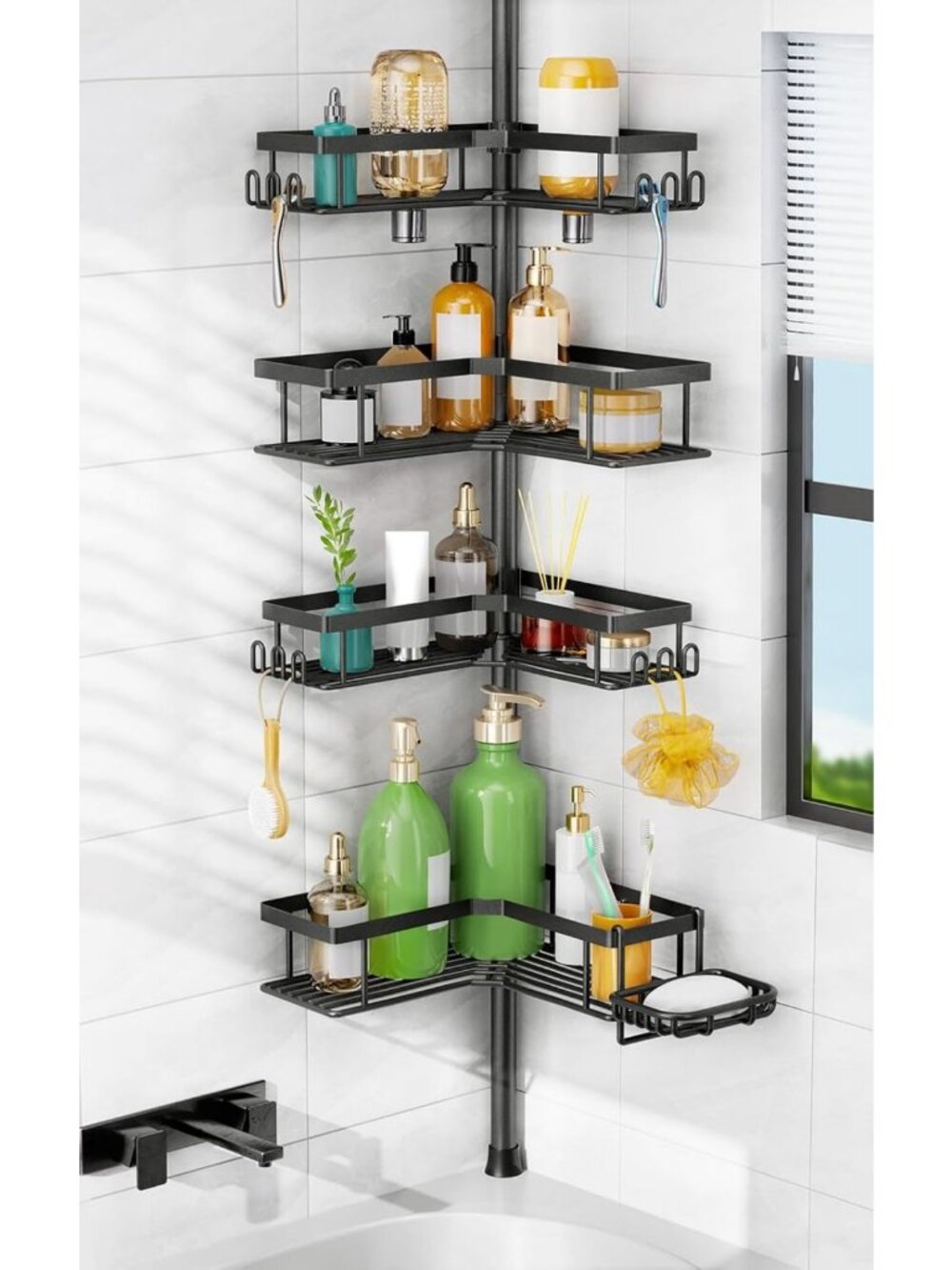 HAMITOR Shower Caddy Tension Pole: Corner Bathroom Organizer for Renters
